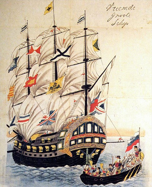 Фрегат `Паллада` в порту Нагасаки в 1854