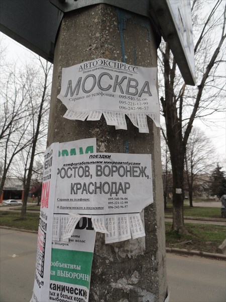 По всему городу - реклама автобусных рейсов в Москву