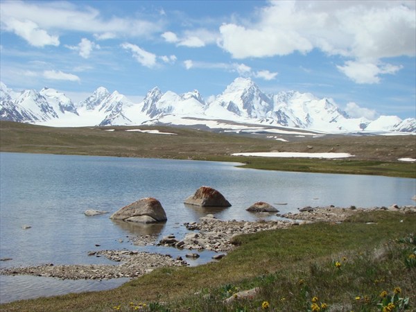 Озеро на фоне пика Кызыл Аскер