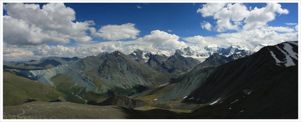 Панорама с перевала Кара-Тюрек на Белуху, Аккемское озеро и Ярлу