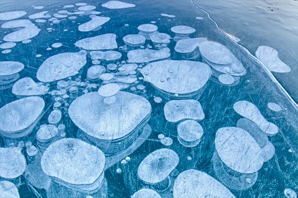 Methane bubbles trapped in ice in an Alberta, Canada lake.